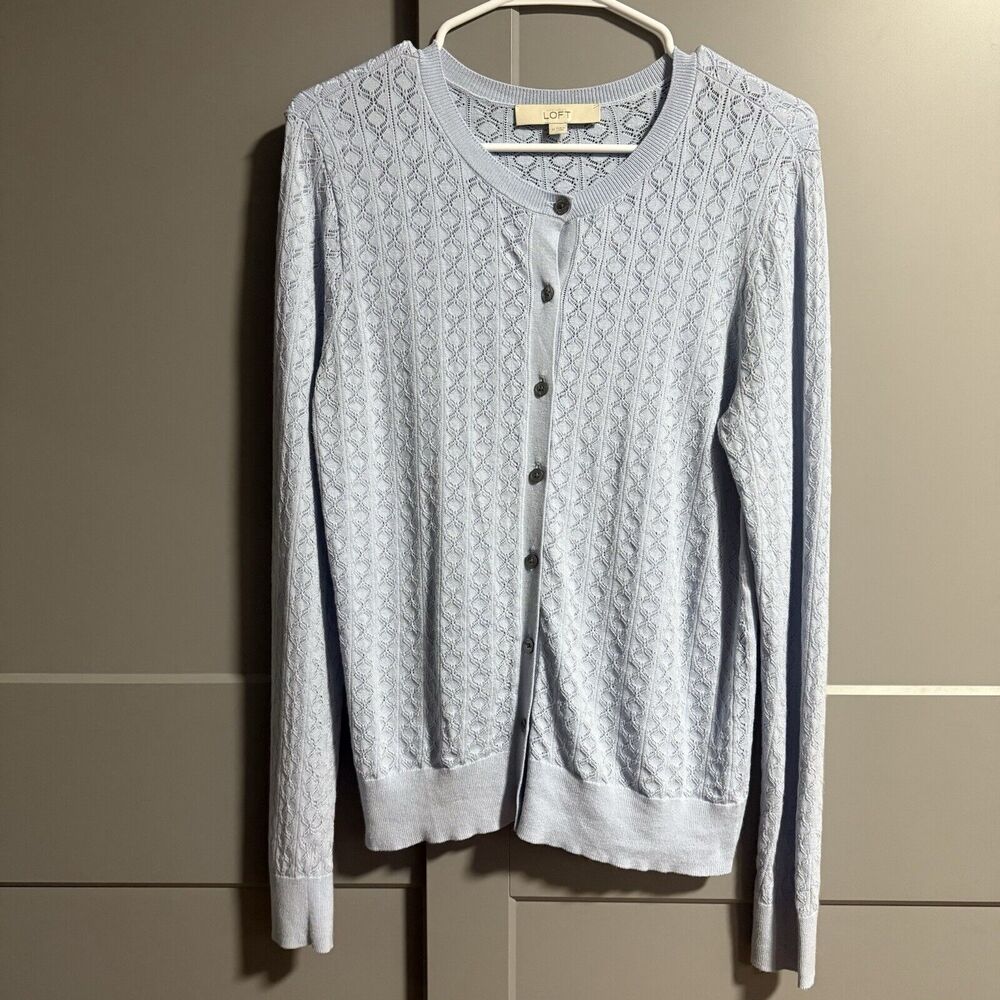 LOFT Women Long Sleeve Lightweight Button Up Eyelet Knit Cardigan Blue Medium